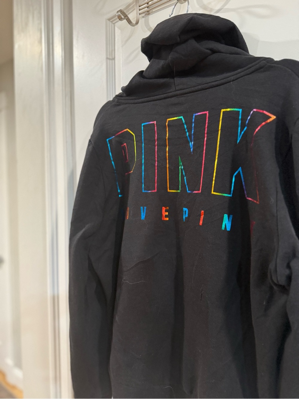 PINK Victoria's Secret Black Zip-Up Hoodie with Colorblock Logo - Picture 3 of 9